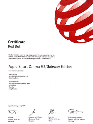 Certificate Red Dot Aqara Smart Camera G2